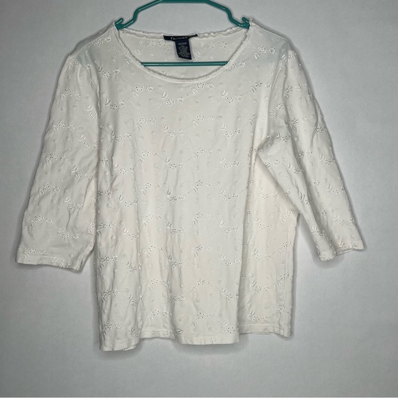 Denim & Co. Essentials Size Medium M Eyelet Jersey‎ Elbow 3/4 Sleeve Top WHITE - Picture 1 of 7